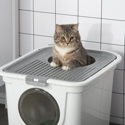 Covered Cat Litter Tray with Top Exit – White