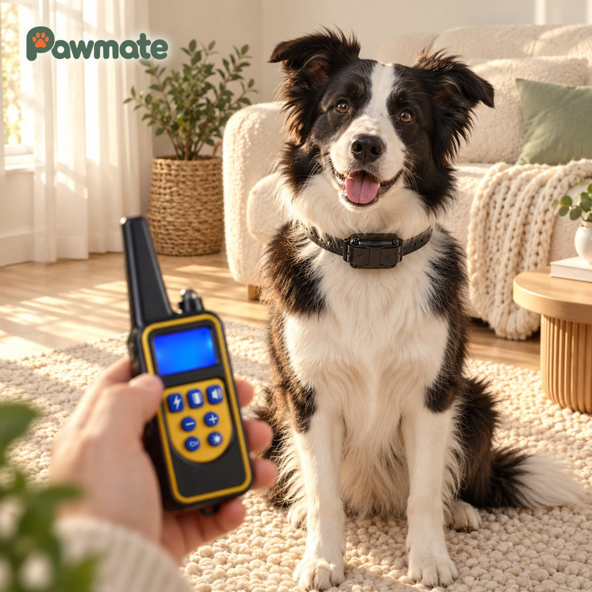 Border collie wearing the training collar receiver while the owner holds the remote