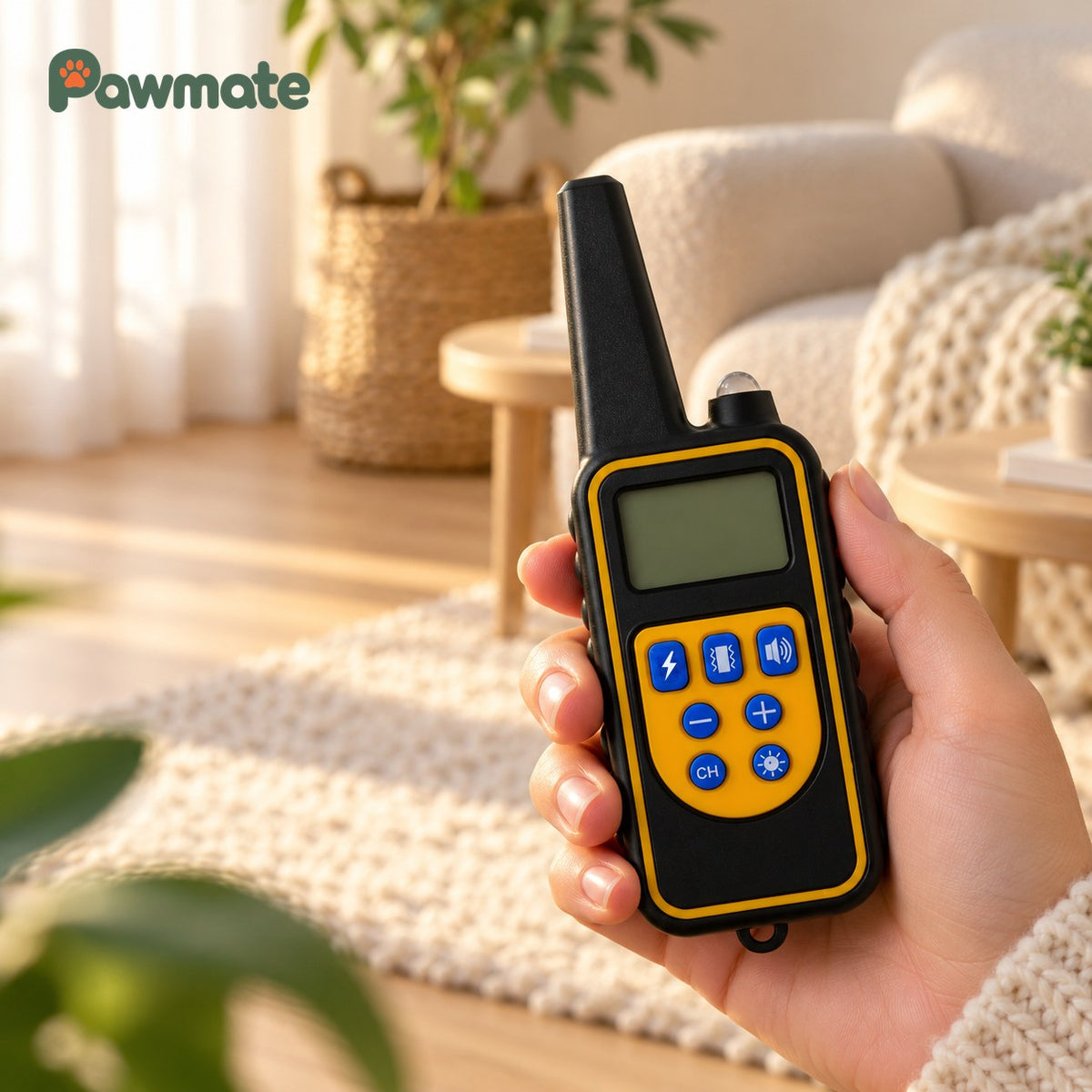 Hand holding the training collar remote with static, vibration and sound buttons