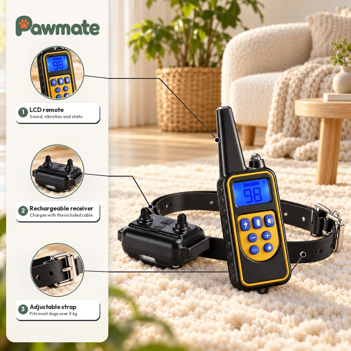 Training collar features: LCD remote with sound, vibration and static, rechargeable receiver and adjustable strap