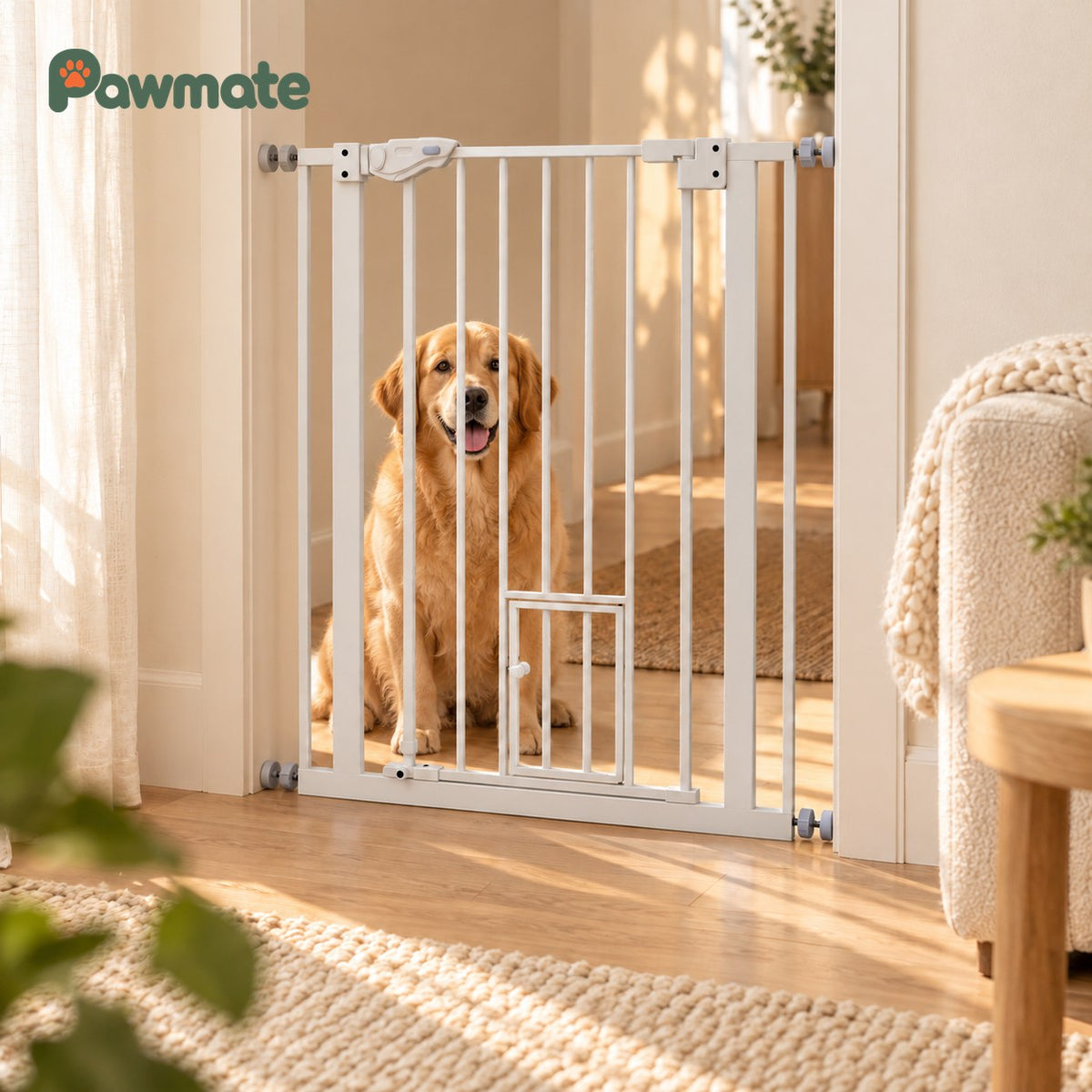 Golden retriever sitting calmly behind the white extra-tall pet gate