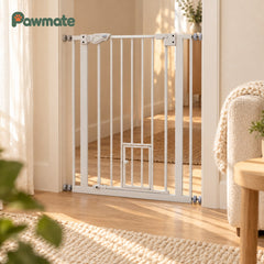 White extra-tall pet gate with small cat flap fitted in a doorway