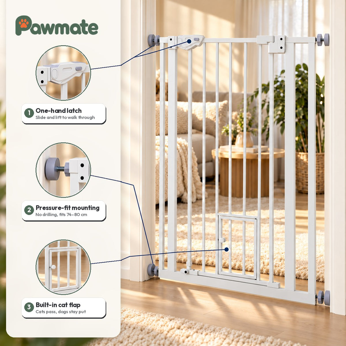 Pet gate features: one-hand latch, pressure-fit mounting and built-in cat flap
