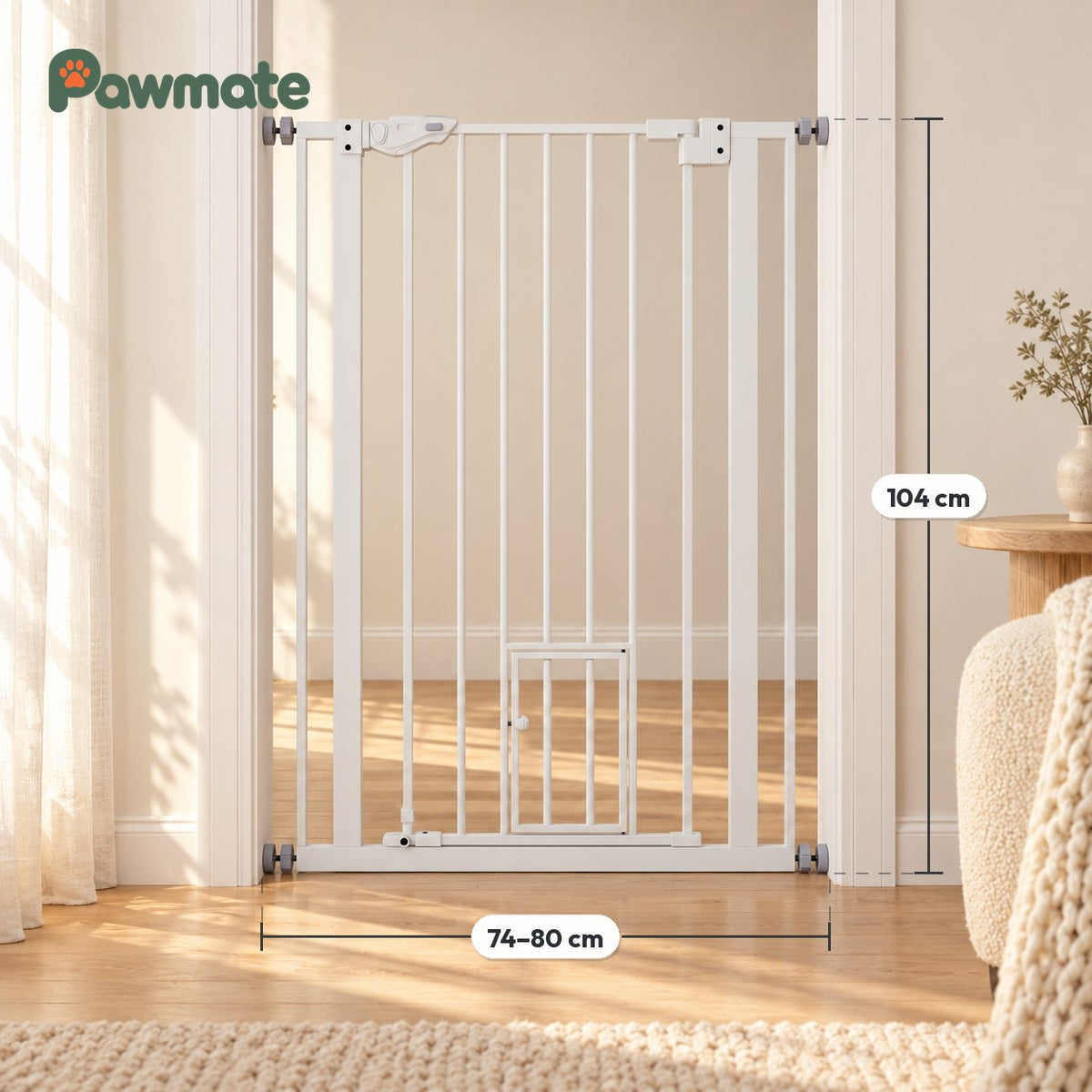 Extra-tall pet gate dimensions: 104 cm high, fits openings 74 to 80 cm wide