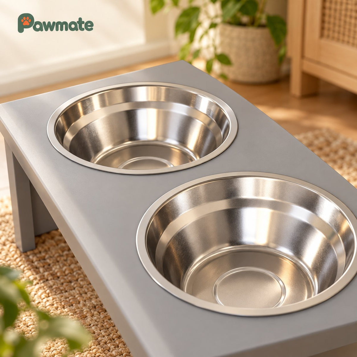 Close-up of the stainless steel bowls in the raised stand