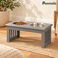 Raised dog bowls with food and water