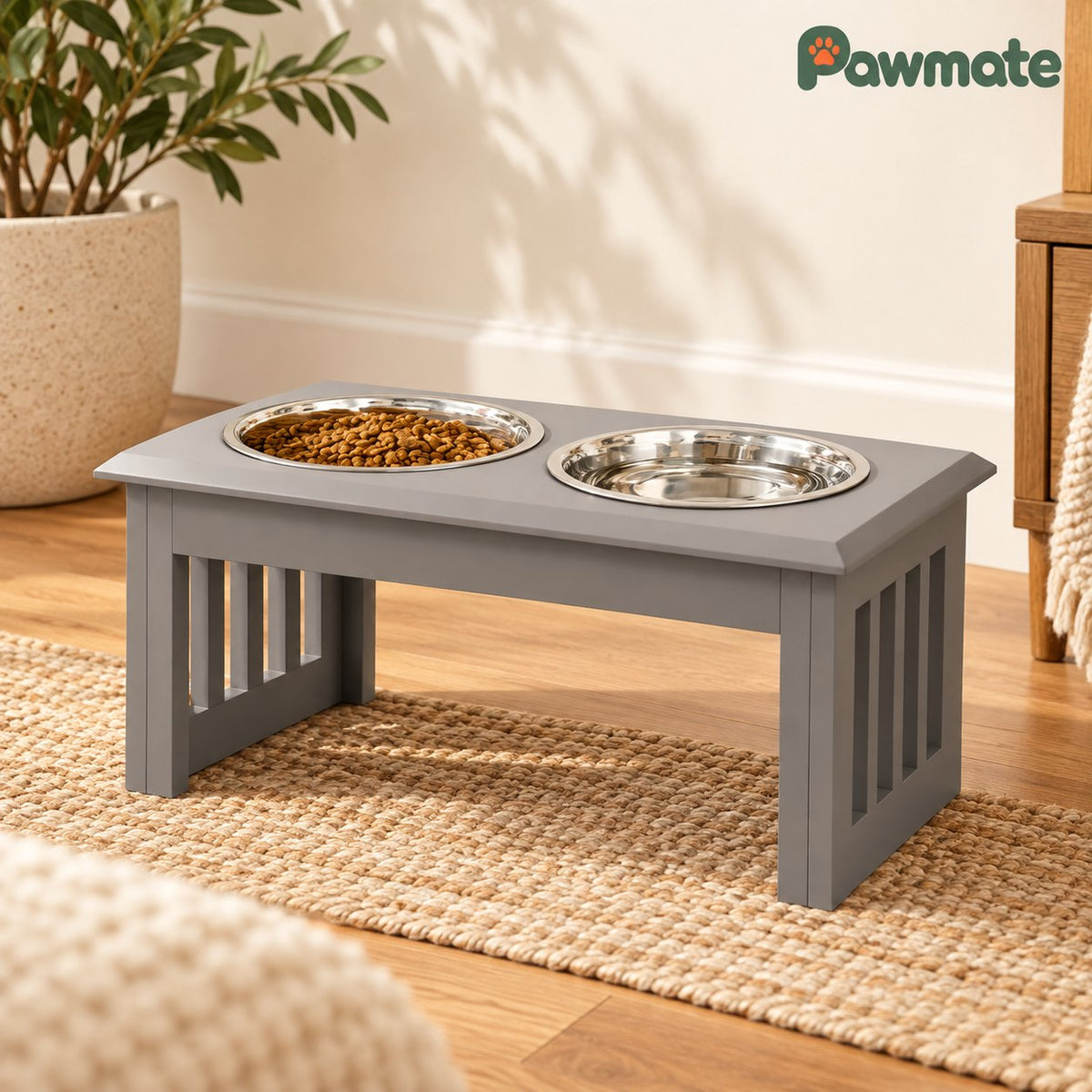Raised dog bowls with food and water