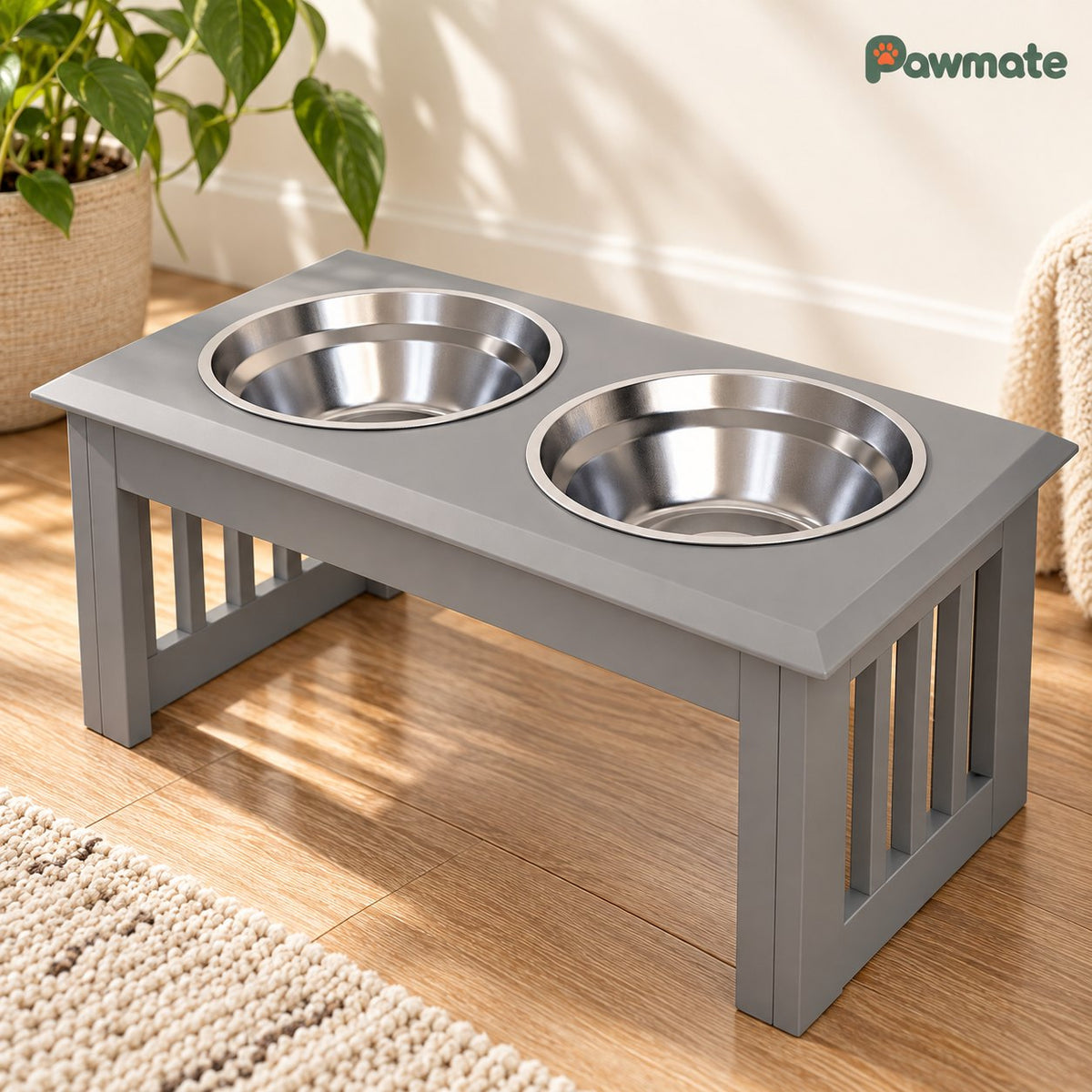 Grey raised dog bowl stand on a wooden floor