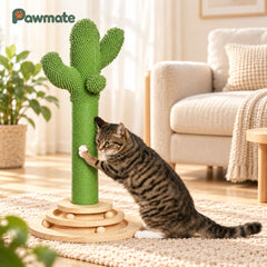 Tabby cat rubbing against the cactus cat tree