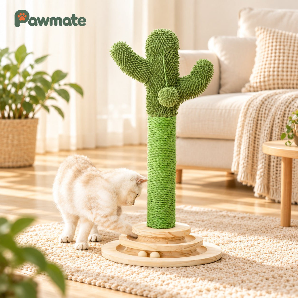 White kitten playing with the ball track of the cactus cat tree