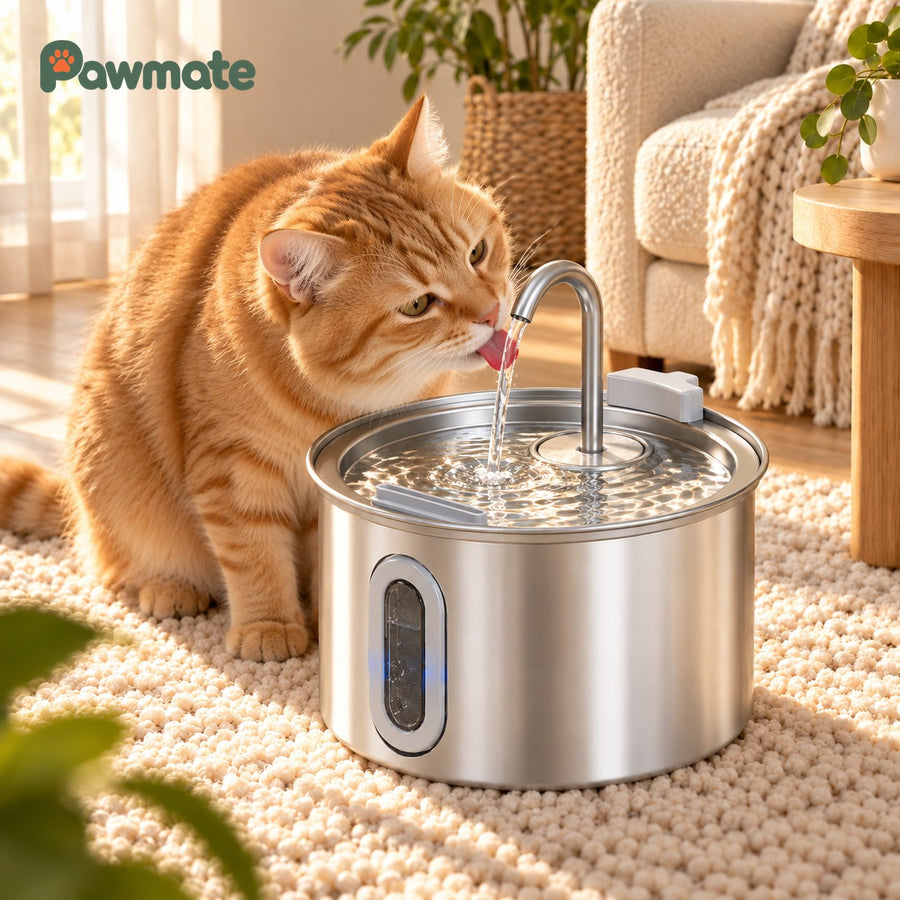 Ginger cat drinking from the flowing water of the stainless steel fountain