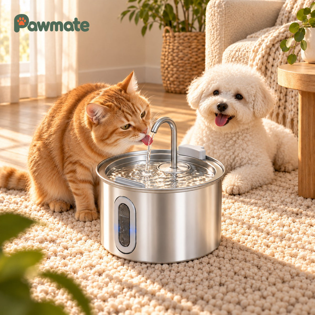 Ginger cat drinking from the stainless steel fountain next to a white Bichon dog