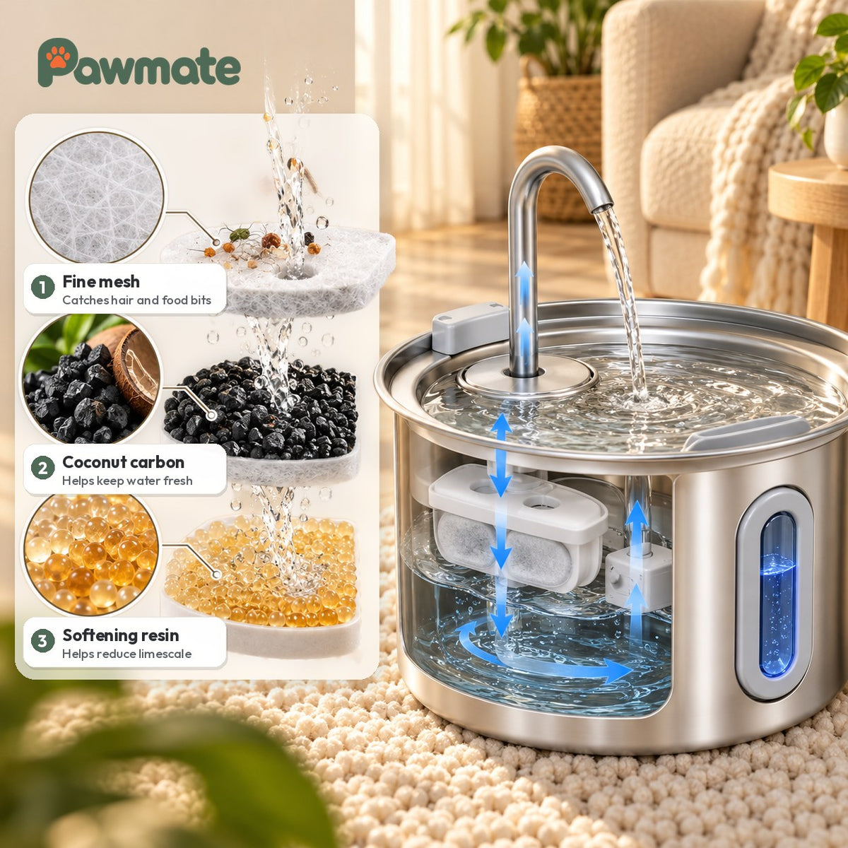 3-stage filter: fine mesh, coconut carbon and softening resin inside the stainless steel water fountain