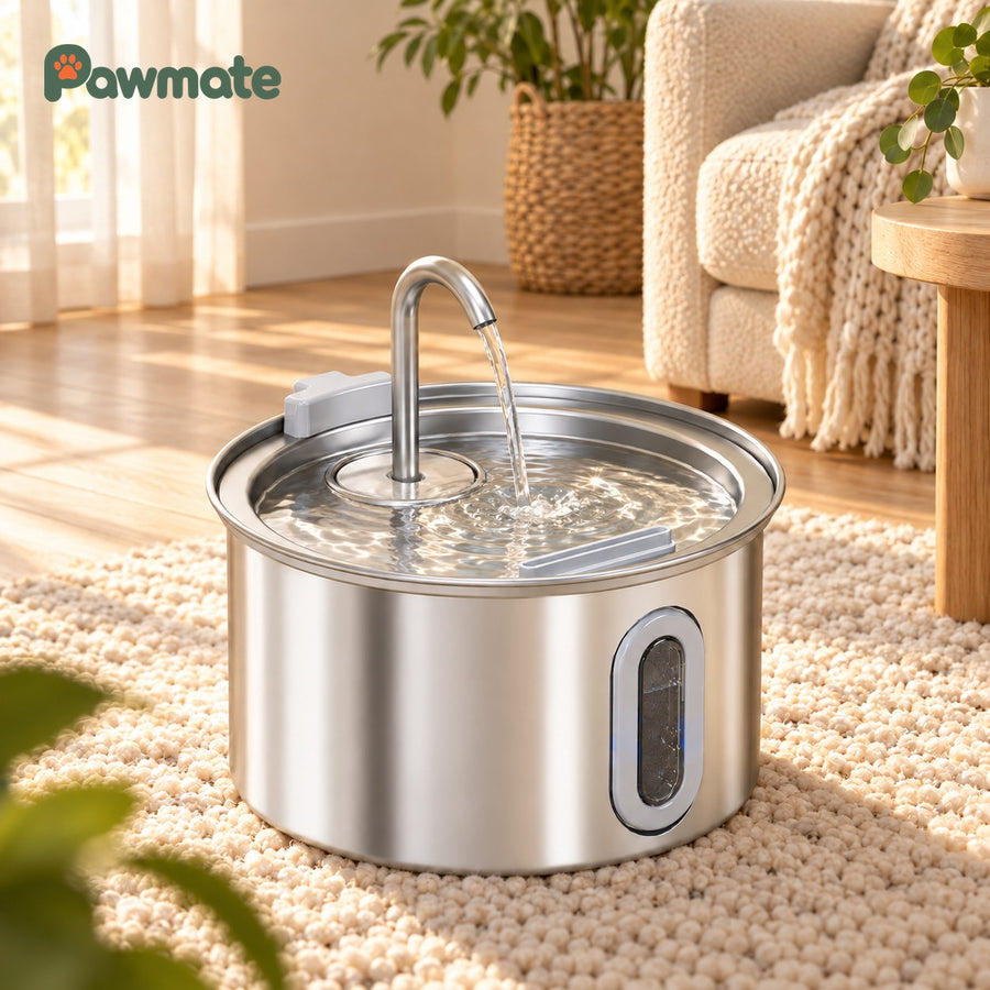 Stainless steel cat water fountain with water flowing from the gooseneck tap