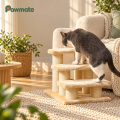 Grey and white cat climbing the beige 3-step pet stairs onto the sofa
