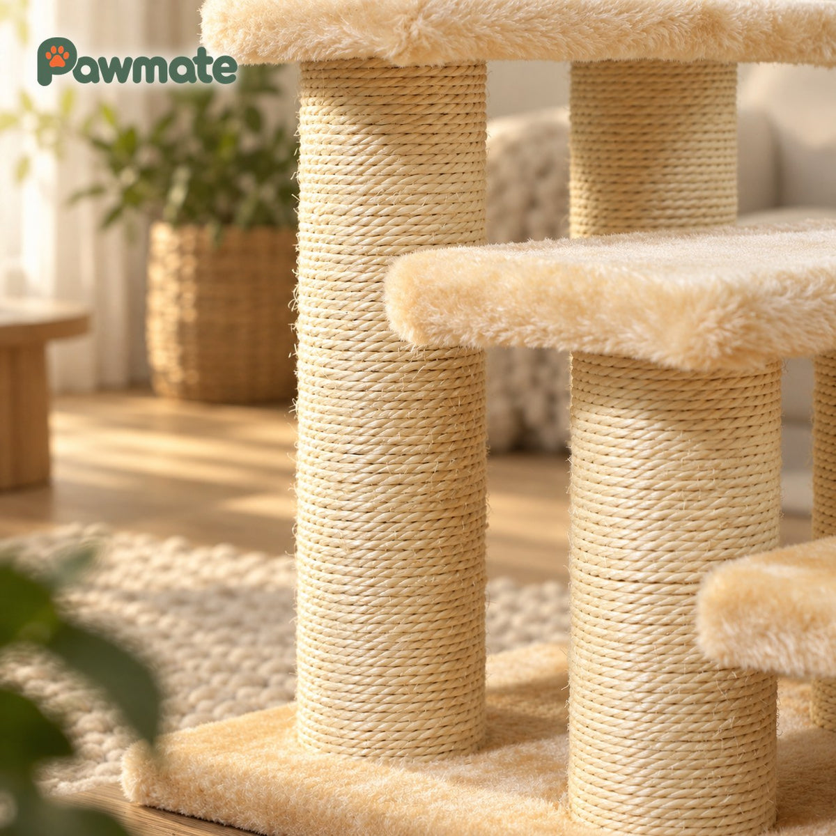 Close-up of the sisal-wrapped posts and plush steps of the pet stairs