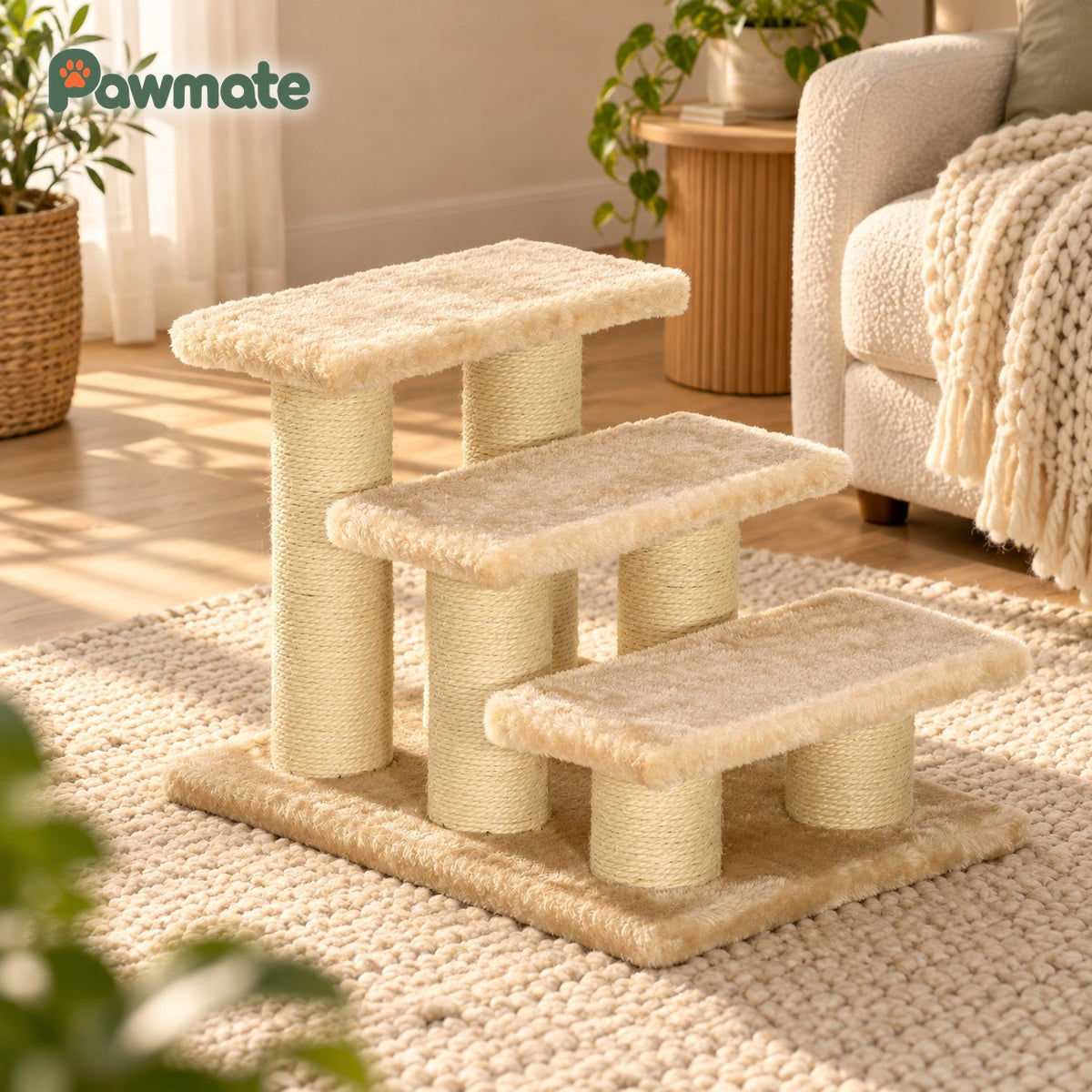 Beige 3-step pet stairs with plush steps and sisal posts in a sunny living room