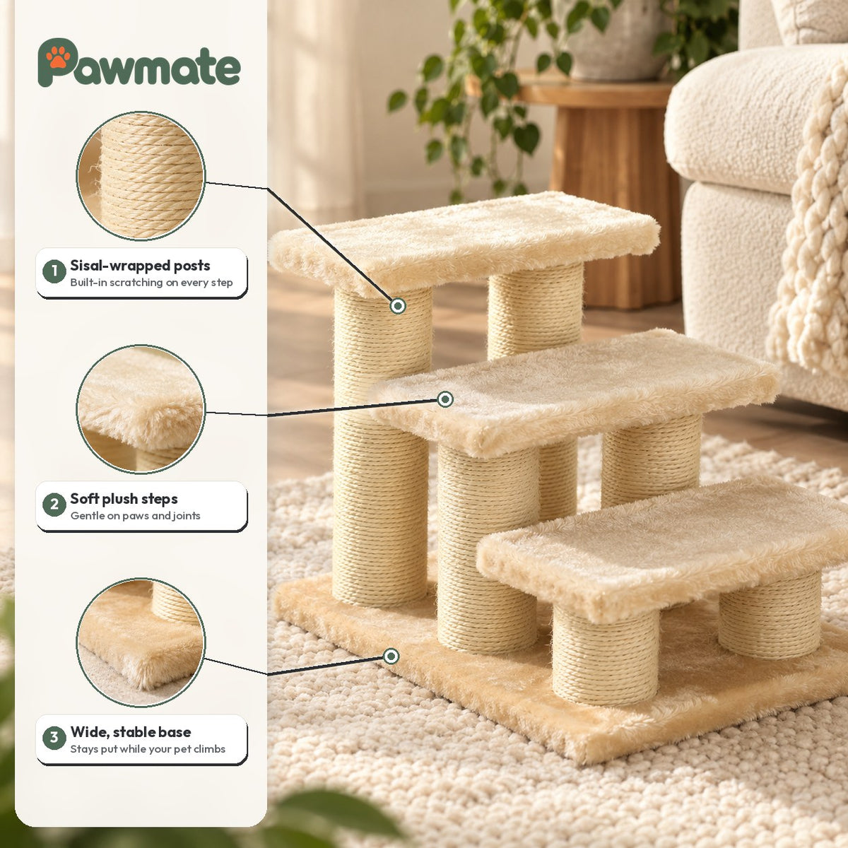 3-step pet stairs features: sisal-wrapped posts, soft plush steps and a wide stable base