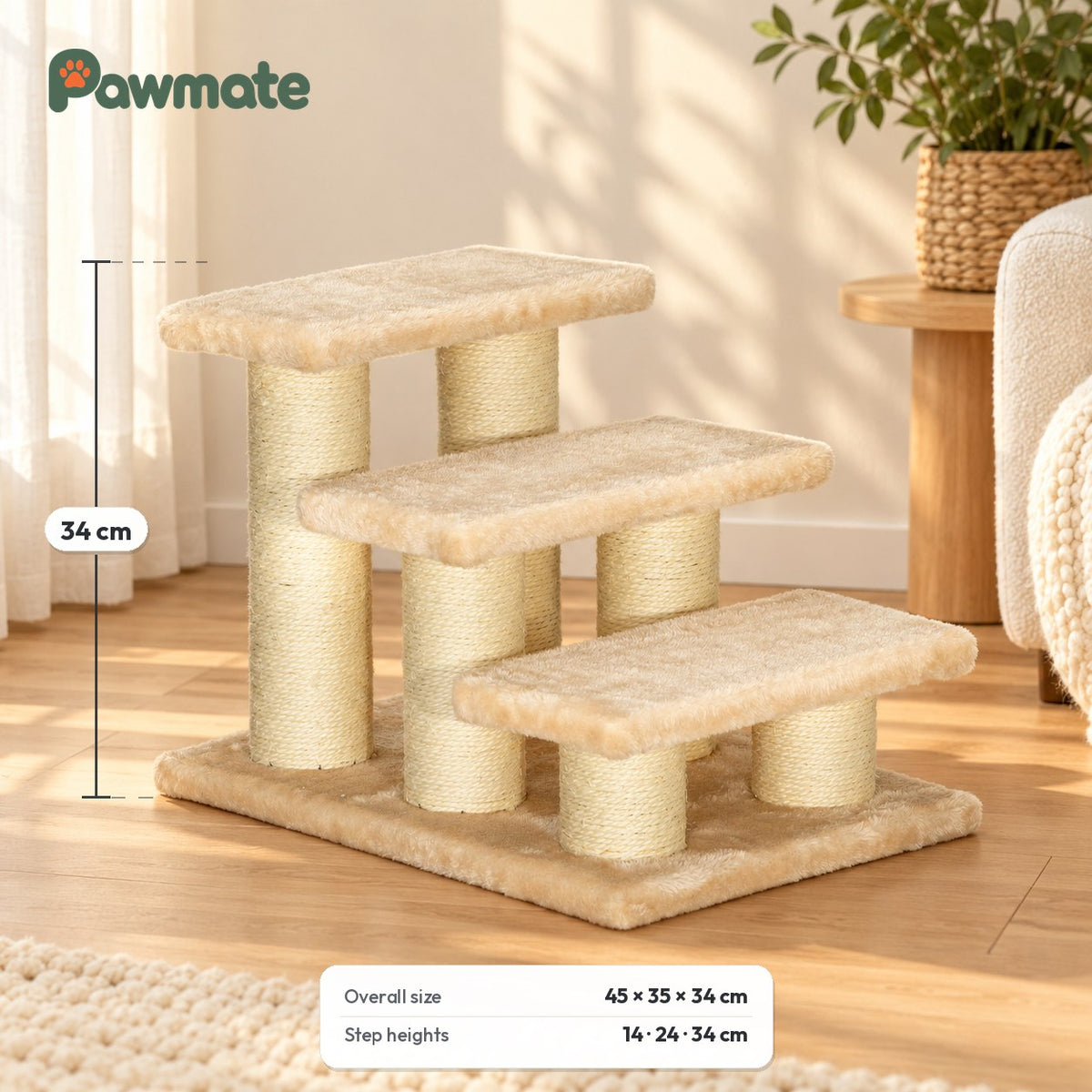 3-step pet stairs dimensions: 45 x 35 x 34 cm, step heights 14, 24 and 34 cm