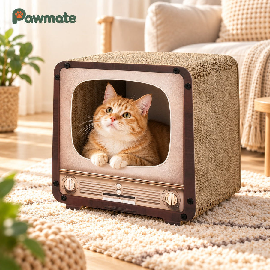 Ginger cat inside the TV cat scratcher house