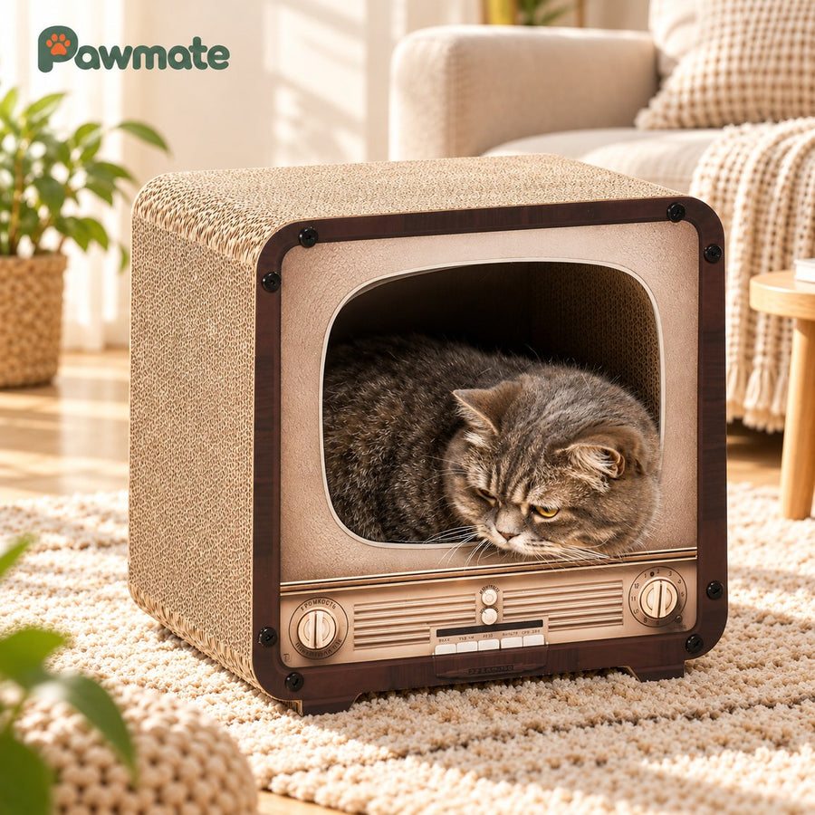 Tabby cat resting in the TV cat house