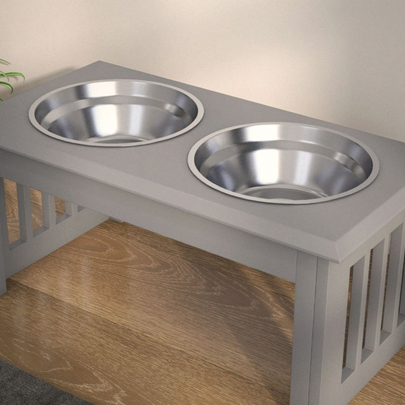 Raised dog bowls with grey wooden stand