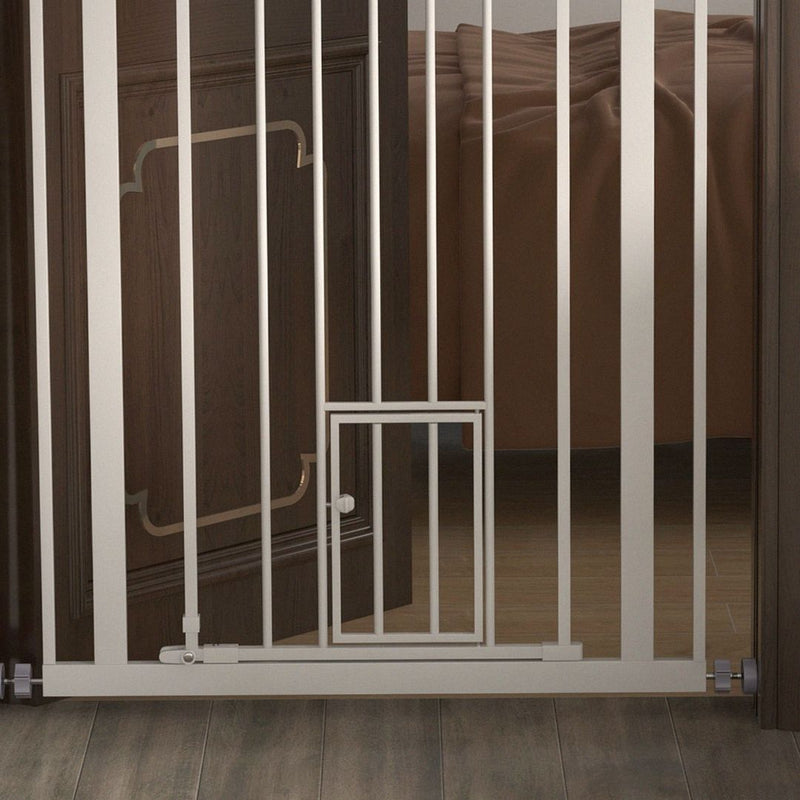 Extra-tall pet gate with cat flap fitted in a doorway