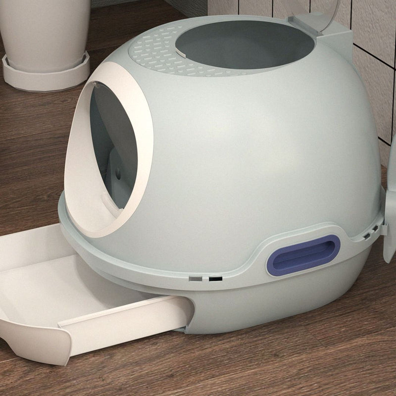 Blue covered cat litter tray with pull-out drawer
